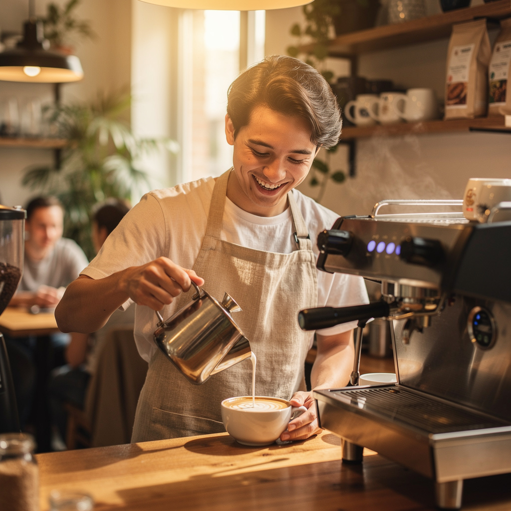 FLUX.2 Pro: A barista in a linen apron laughing while pouring latte art, warm cafe interior, shallow depth of field, candid editorial style