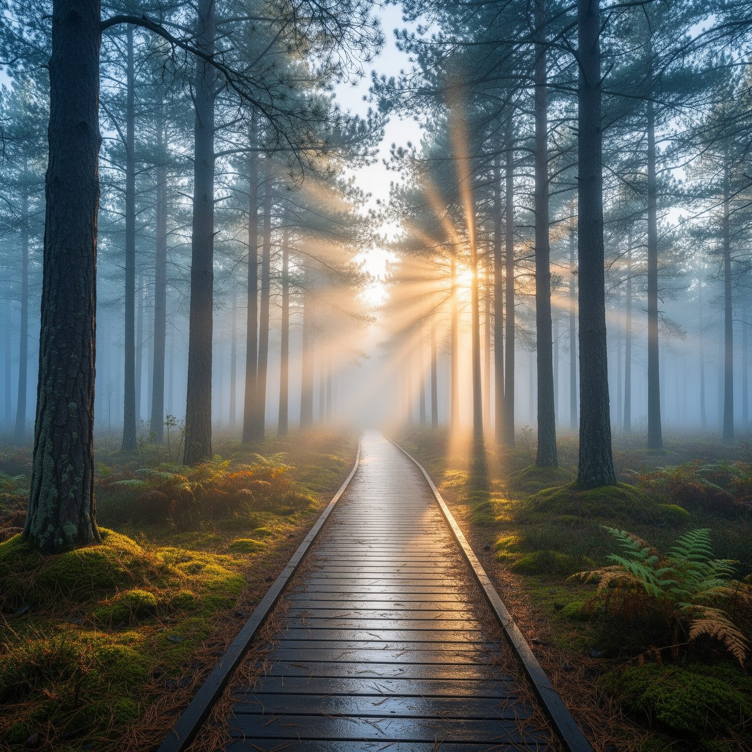 FLUX.2: Misty pine forest at dawn with rays of light through the trees and a narrow wooden boardwalk, wide angle
