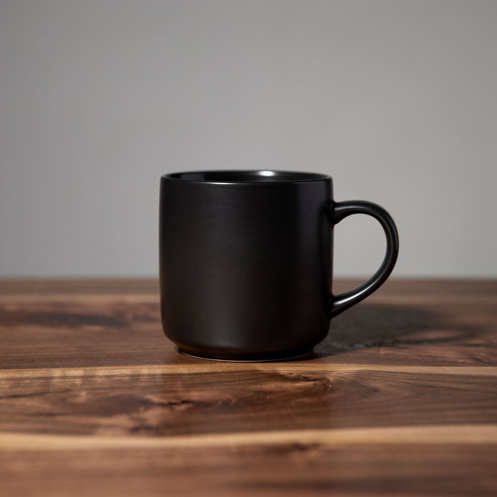 FLUX.2 Pro: A matte black ceramic coffee mug on a walnut table, single soft light from the left, minimal studio backdrop, product photography