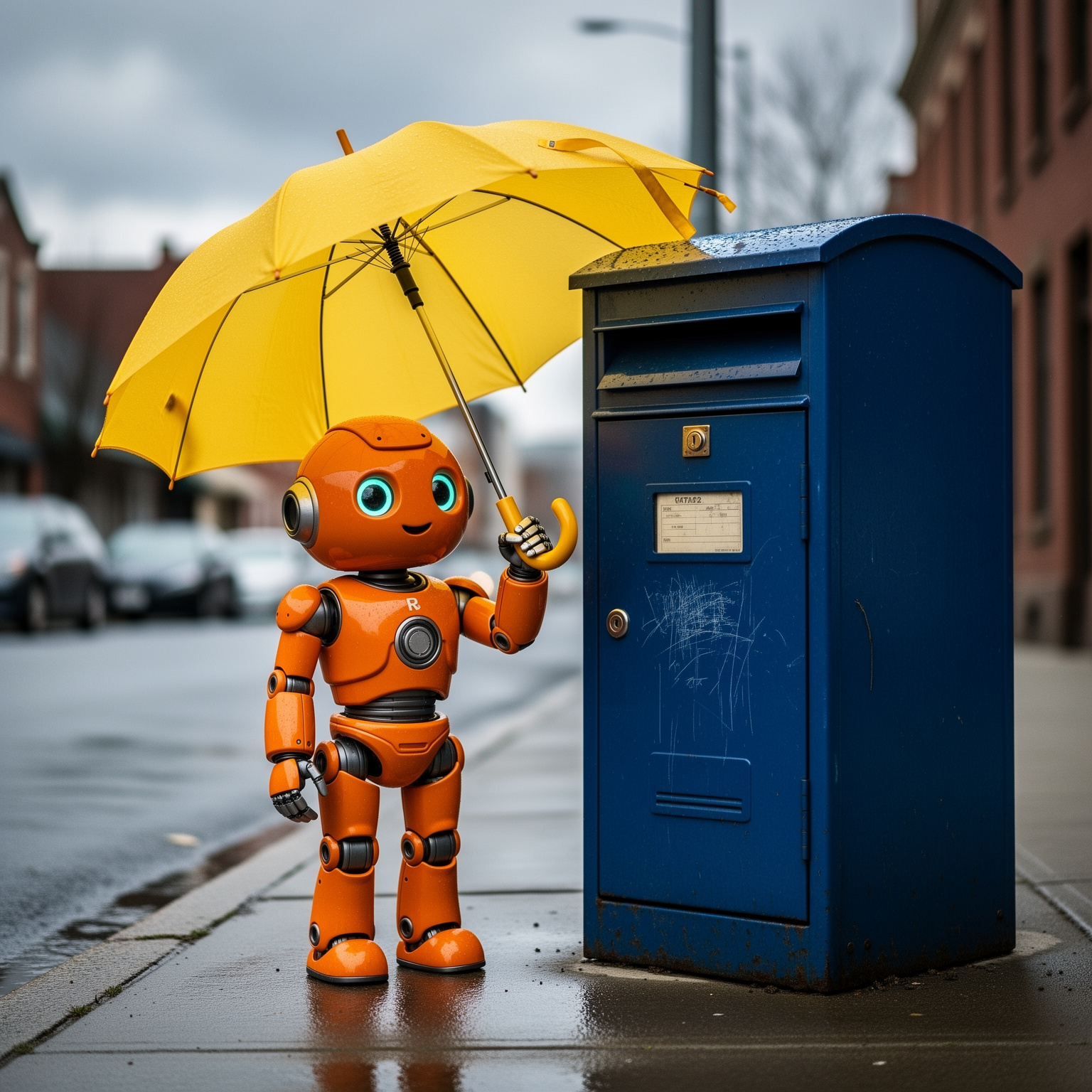 FLUX.2: A small orange robot holding a yellow umbrella standing to the left of a tall blue mailbox, overcast day, photoreal
