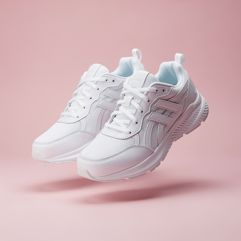 FLUX.2 Pro: A pair of white running shoes floating mid-air over a pastel pink background, even studio lighting, catalogue shot