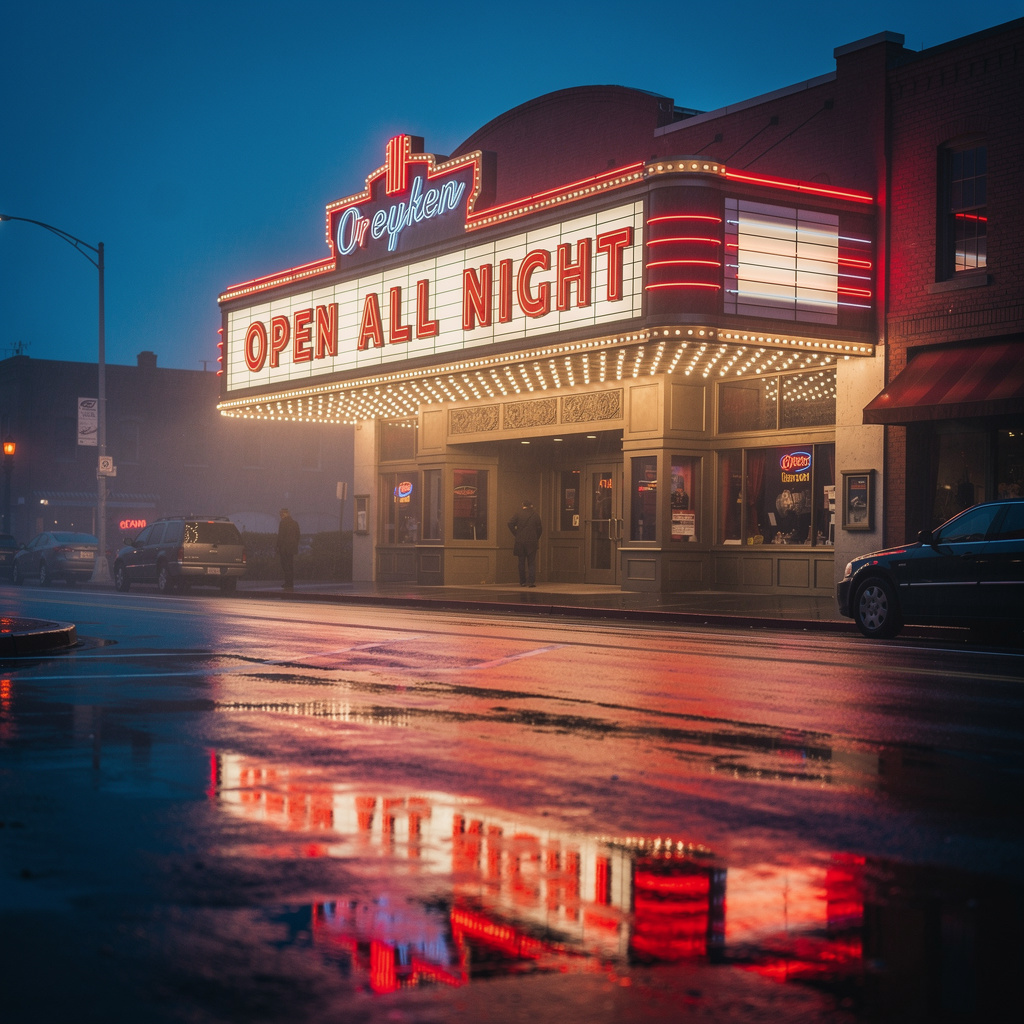FLUX.2 Pro: A vintage cinema marquee at dusk with the words OPEN ALL NIGHT in bold red letters, neon glow, wet street reflections