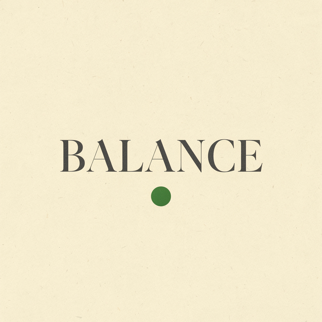 FLUX.2 Pro: A minimalist poster with the single word BALANCE in large serif type centred on cream paper, one small green circle below the word