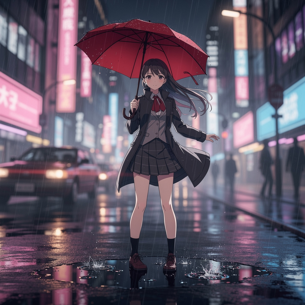 FLUX.2 Pro: Anime-style illustration of a young woman with a red umbrella standing on a rainy city street at night, cel shading, vibrant neon reflections