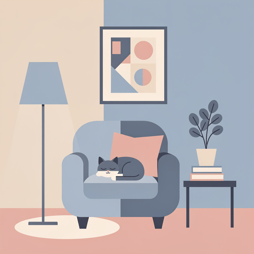 FLUX.2 Pro: Flat vector illustration of a cosy reading nook with a cat asleep on an armchair, limited palette of four colours, clean geometric shapes