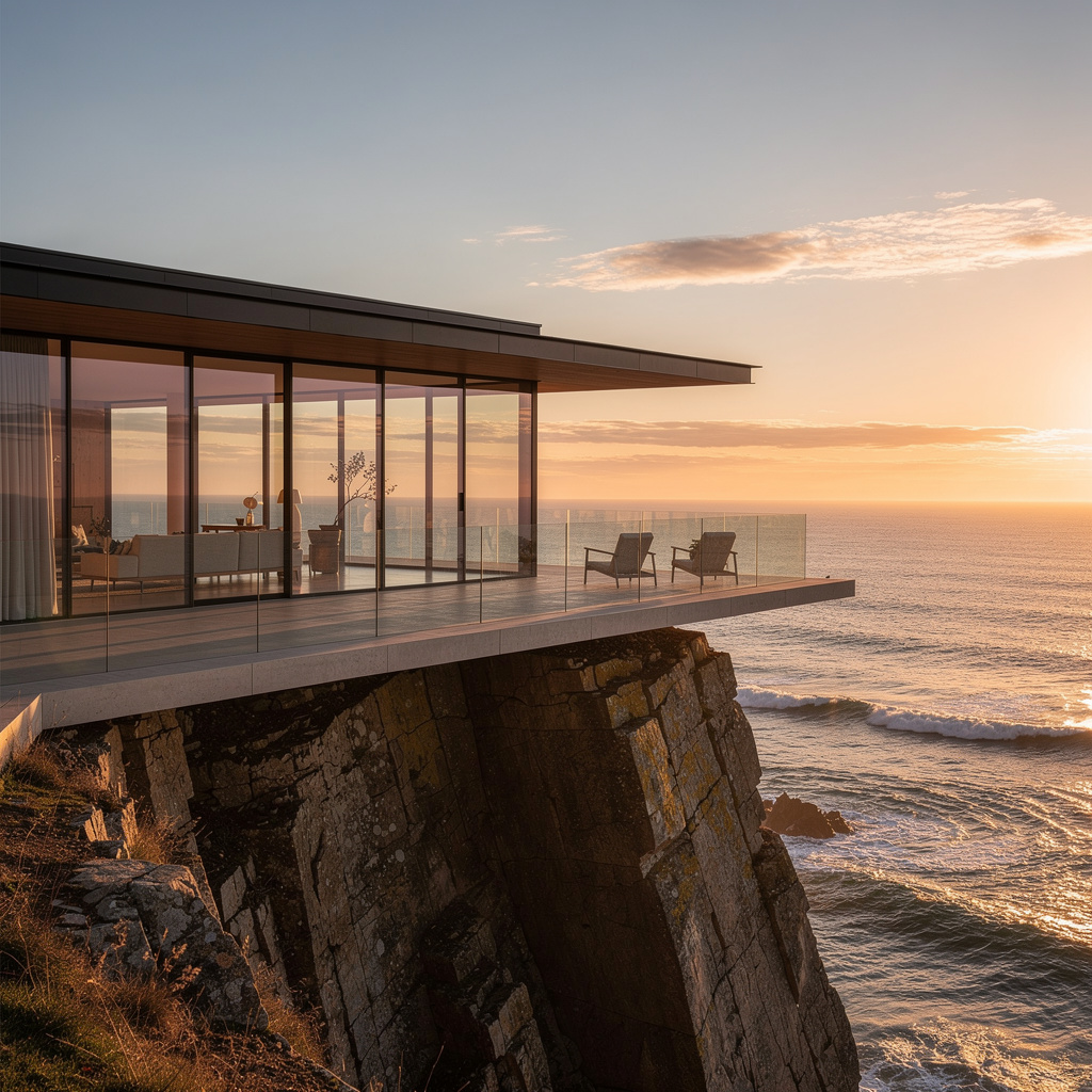 FLUX.2 Pro: A modern glass house on a cliff at golden hour, long shadows, calm ocean below, architectural photography