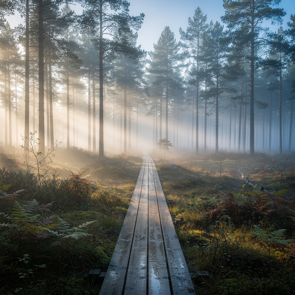 FLUX.2 Pro: Misty pine forest at dawn with rays of light through the trees and a narrow wooden boardwalk, wide angle