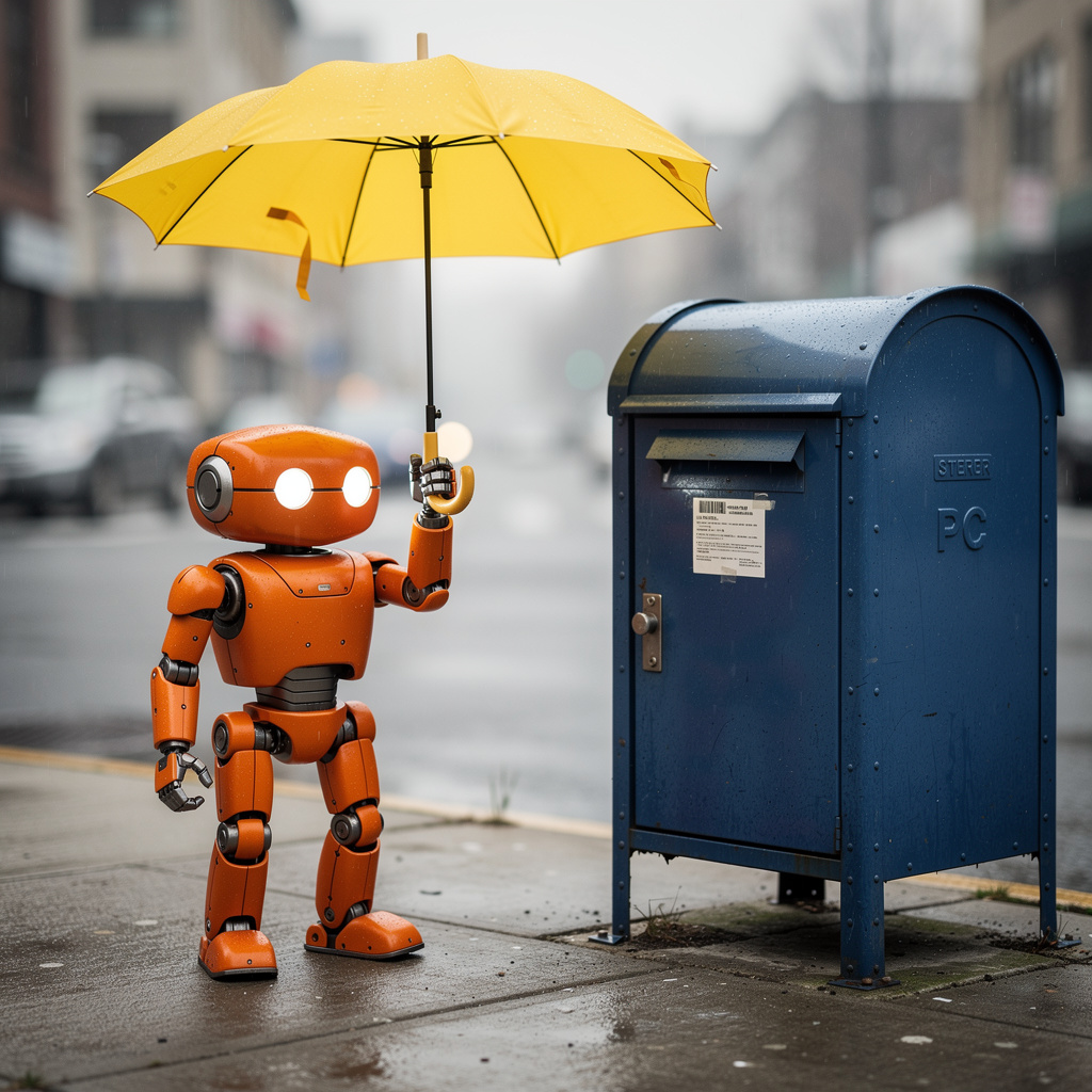 FLUX.2 Pro: A small orange robot holding a yellow umbrella standing to the left of a tall blue mailbox, overcast day, photoreal