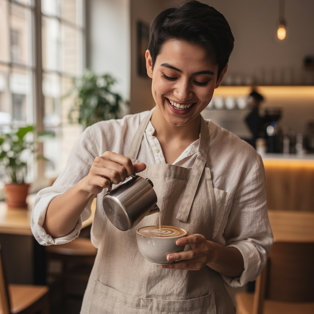 FLUX.2 Max: A barista in a linen apron laughing while pouring latte art, warm cafe interior, shallow depth of field, candid editorial style