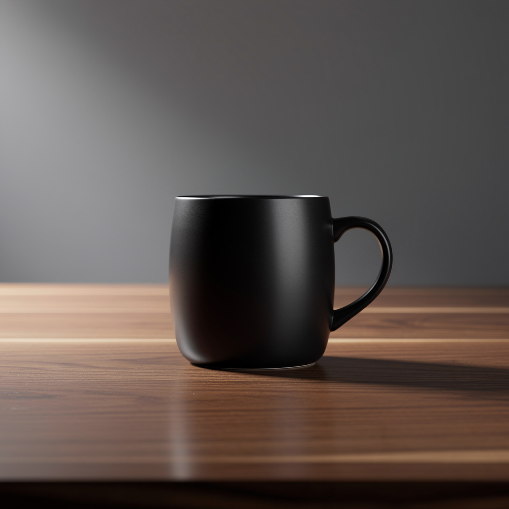 FLUX.2 Max: A matte black ceramic coffee mug on a walnut table, single soft light from the left, minimal studio backdrop, product photography