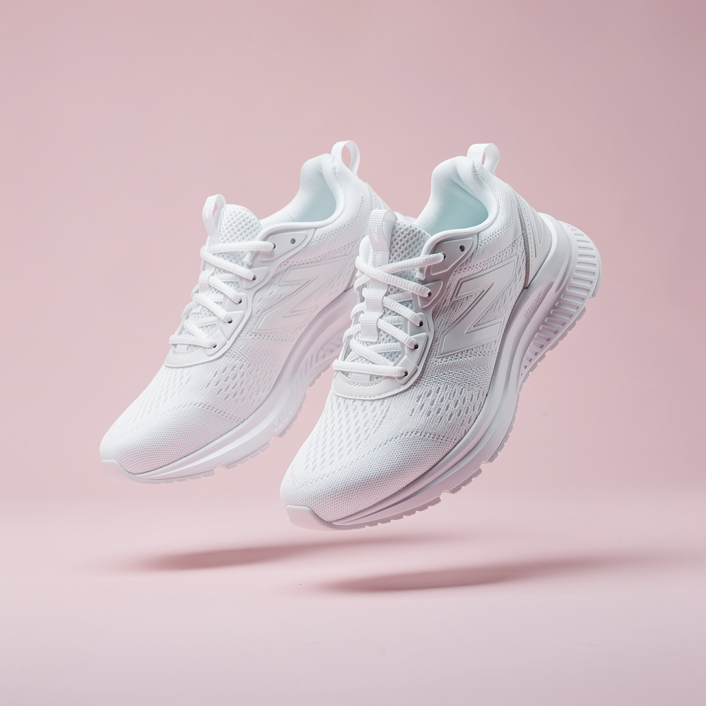 FLUX.2 Max: A pair of white running shoes floating mid-air over a pastel pink background, even studio lighting, catalogue shot