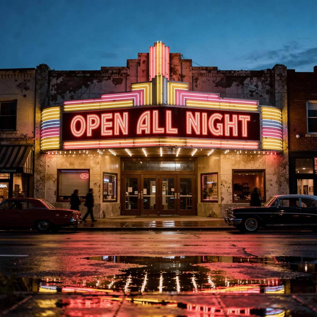 FLUX.2 Max: A vintage cinema marquee at dusk with the words OPEN ALL NIGHT in bold red letters, neon glow, wet street reflections