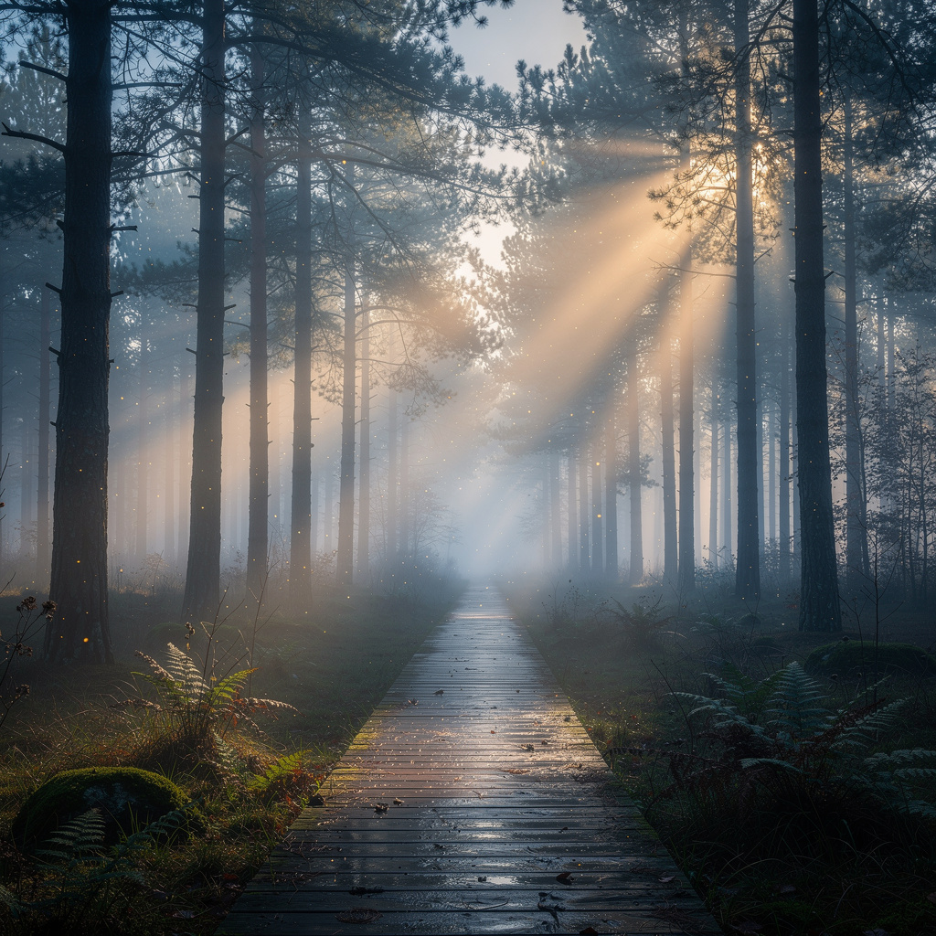 FLUX.2 Max: Misty pine forest at dawn with rays of light through the trees and a narrow wooden boardwalk, wide angle