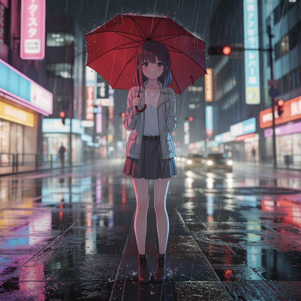 FLUX.2 Max: Anime-style illustration of a young woman with a red umbrella standing on a rainy city street at night, cel shading, vibrant neon reflections