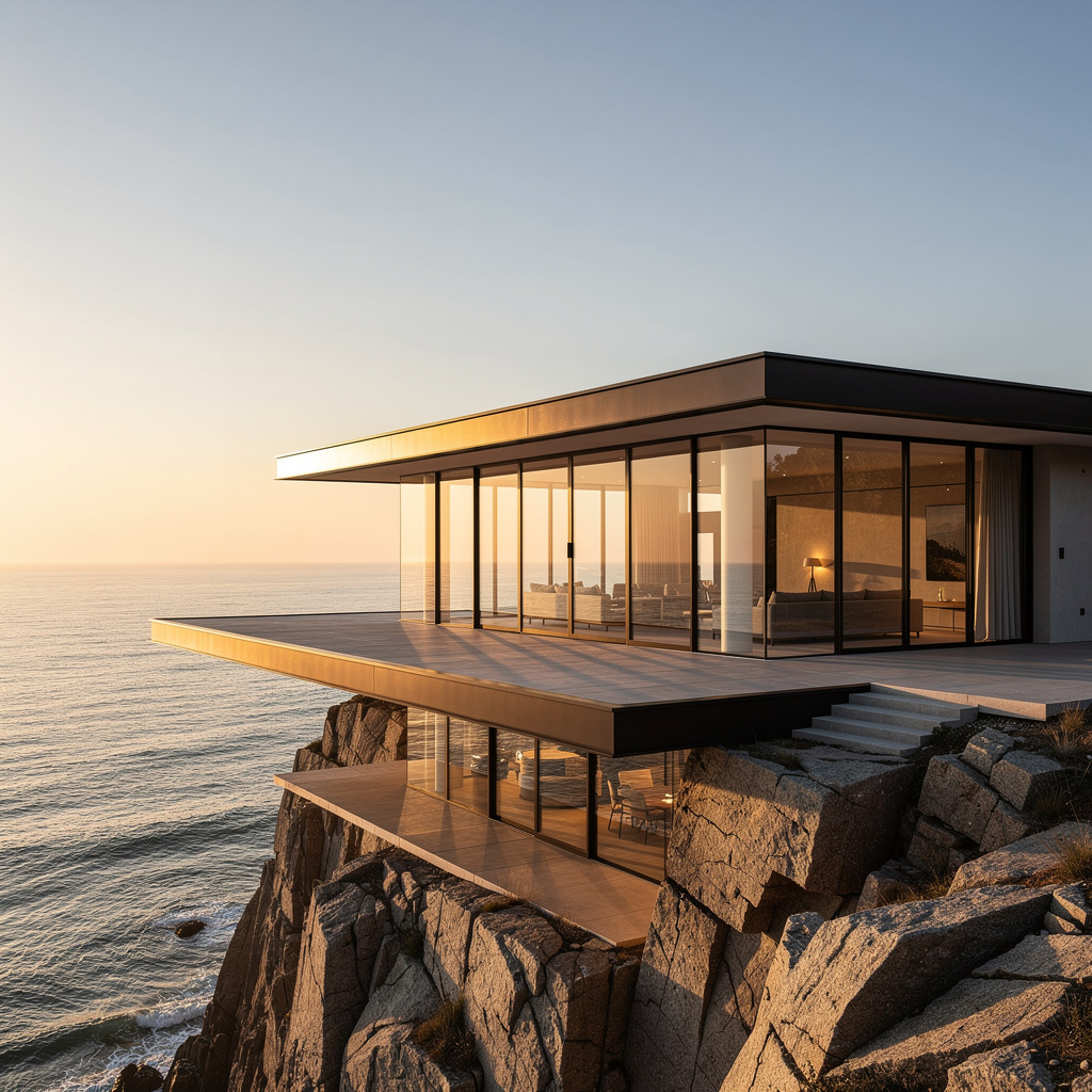 FLUX.2 Max: A modern glass house on a cliff at golden hour, long shadows, calm ocean below, architectural photography