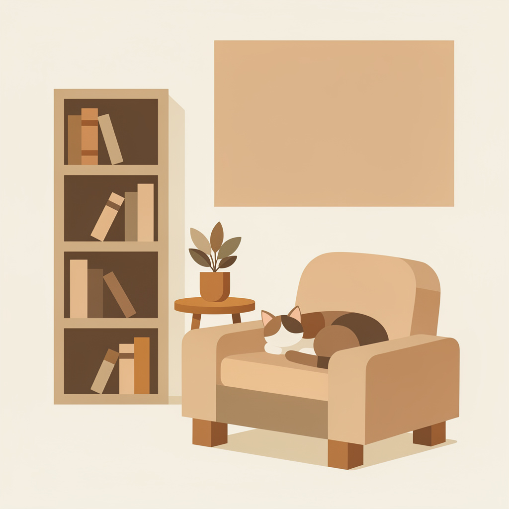 FLUX.2 Max: Flat vector illustration of a cosy reading nook with a cat asleep on an armchair, limited palette of four colours, clean geometric shapes