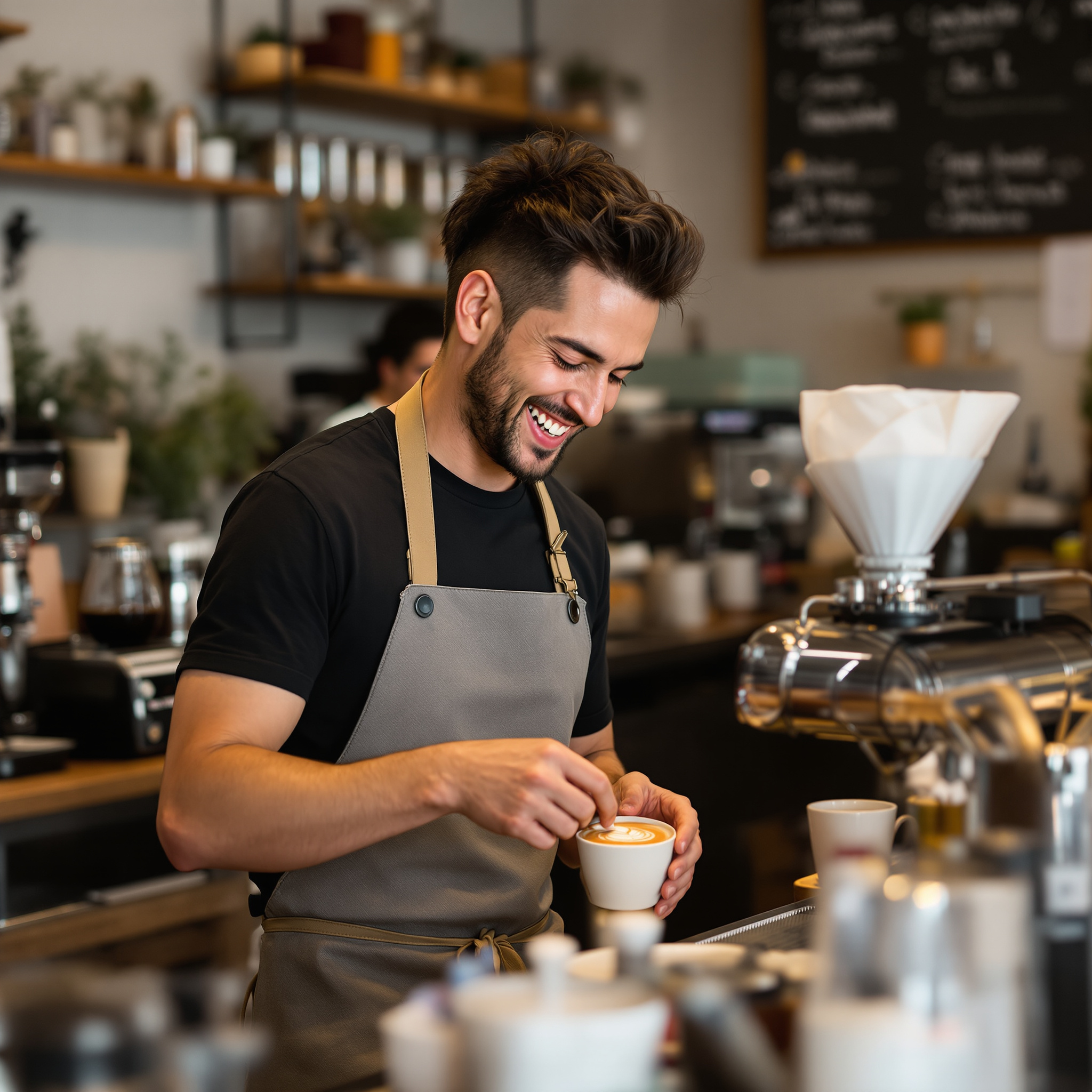 FLUX 1.1 Pro Ultra: A barista in a linen apron laughing while pouring latte art, warm cafe interior, shallow depth of field, candid editorial style