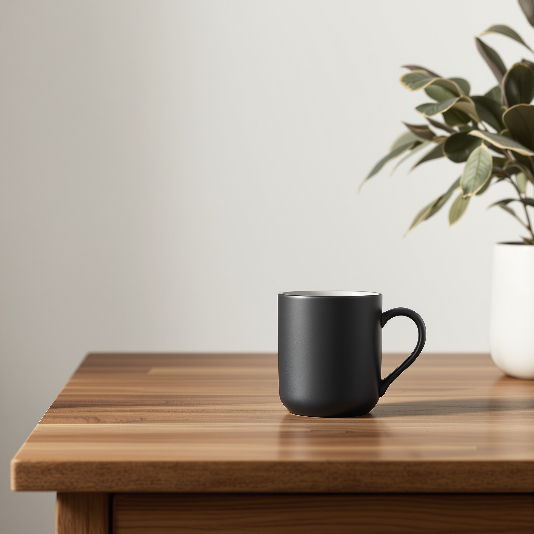 FLUX 1.1 Pro Ultra: A matte black ceramic coffee mug on a walnut table, single soft light from the left, minimal studio backdrop, product photography