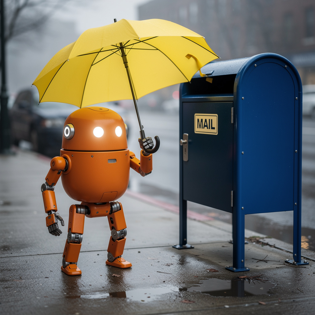 FLUX.2 Max: A small orange robot holding a yellow umbrella standing to the left of a tall blue mailbox, overcast day, photoreal