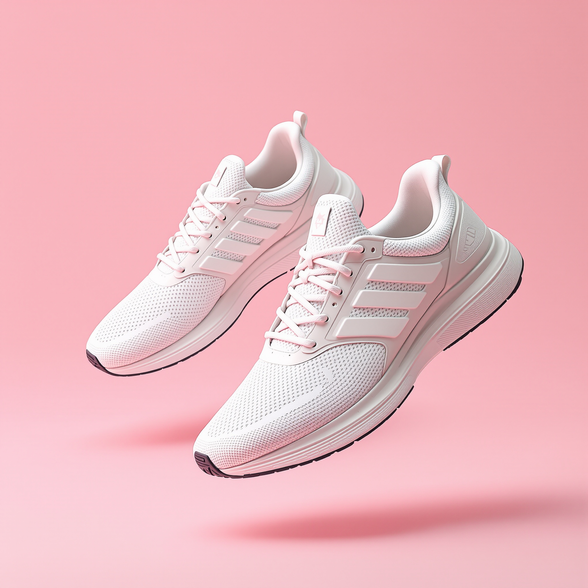 FLUX 1.1 Pro Ultra: A pair of white running shoes floating mid-air over a pastel pink background, even studio lighting, catalogue shot