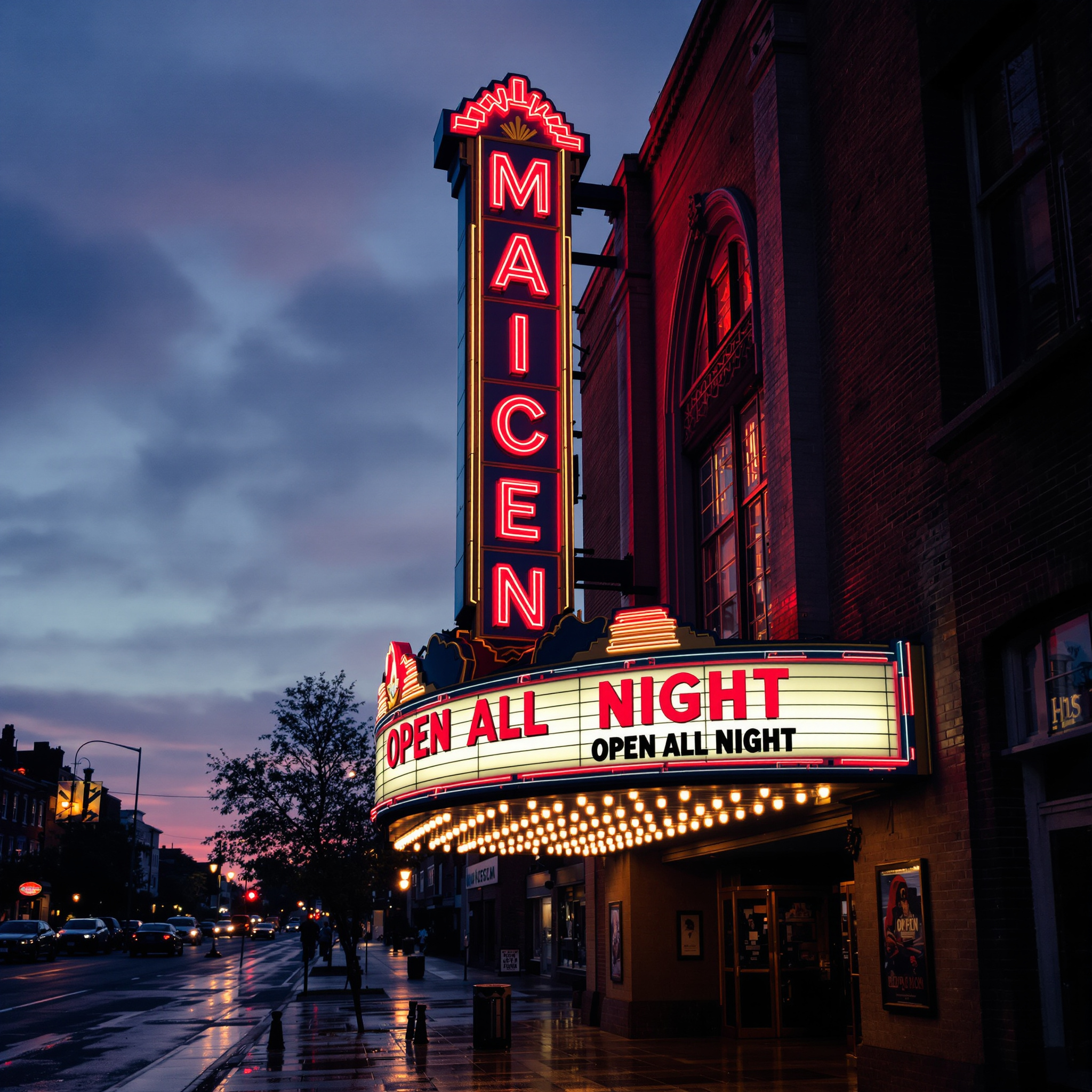 FLUX 1.1 Pro Ultra: A vintage cinema marquee at dusk with the words OPEN ALL NIGHT in bold red letters, neon glow, wet street reflections