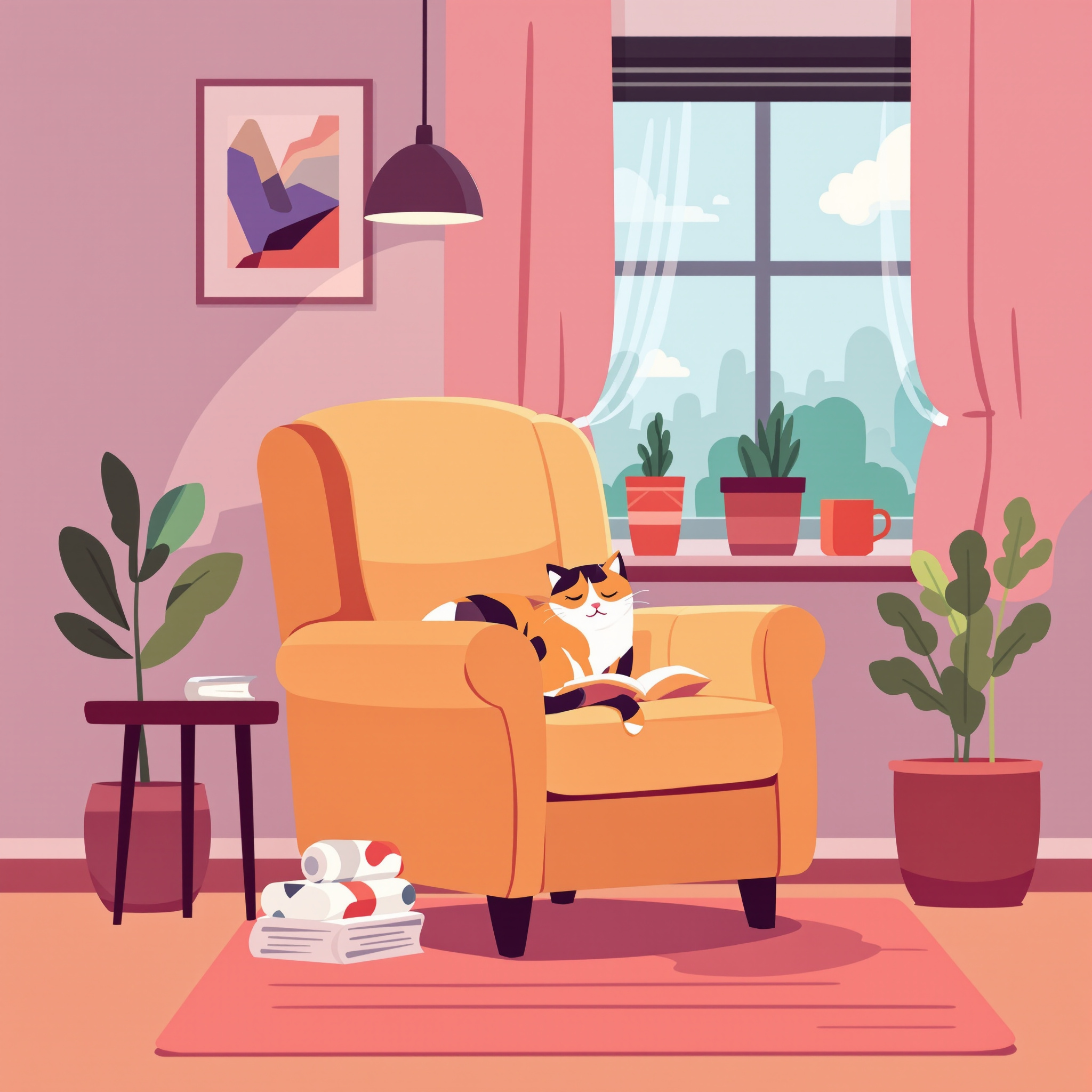 FLUX 1.1 Pro Ultra: Flat vector illustration of a cosy reading nook with a cat asleep on an armchair, limited palette of four colours, clean geometric shapes