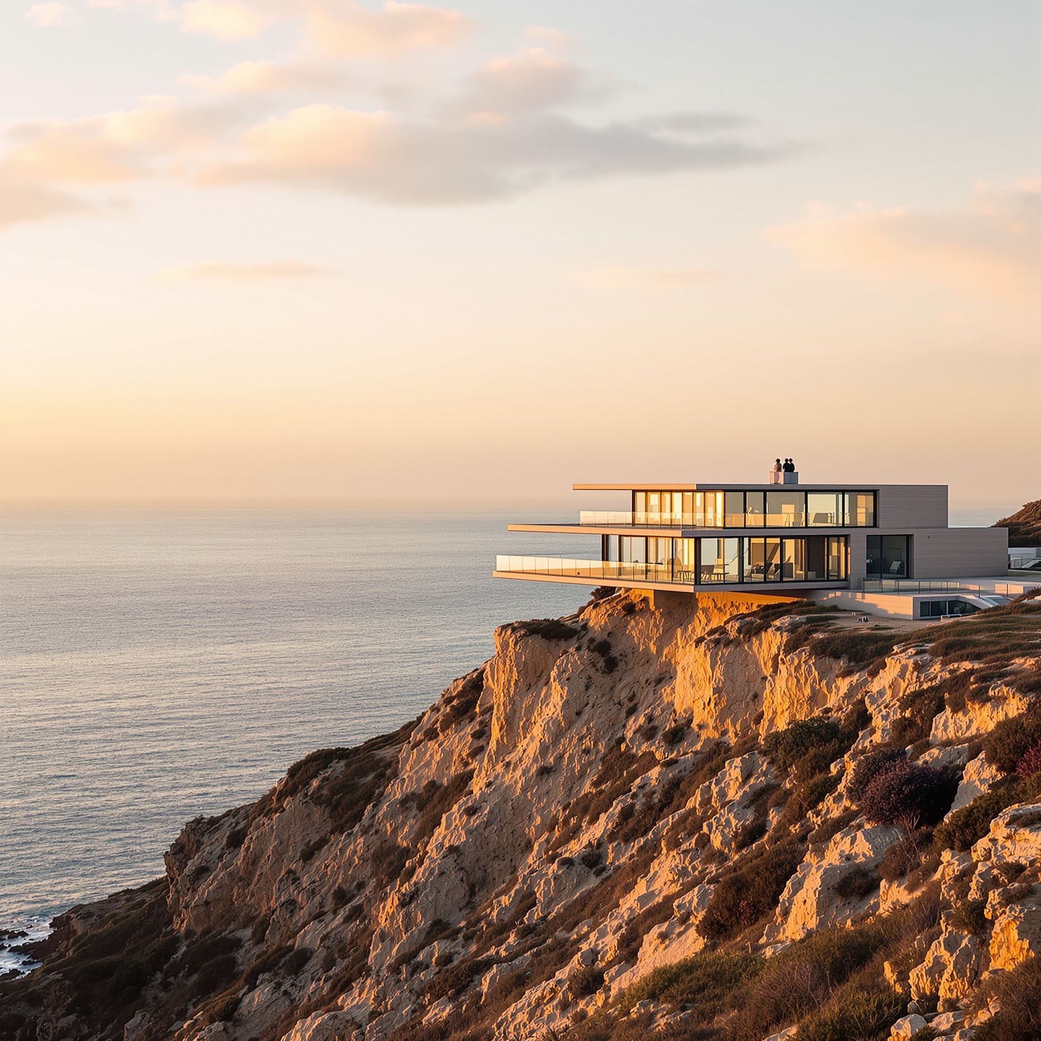 FLUX 1.1 Pro Ultra: A modern glass house on a cliff at golden hour, long shadows, calm ocean below, architectural photography