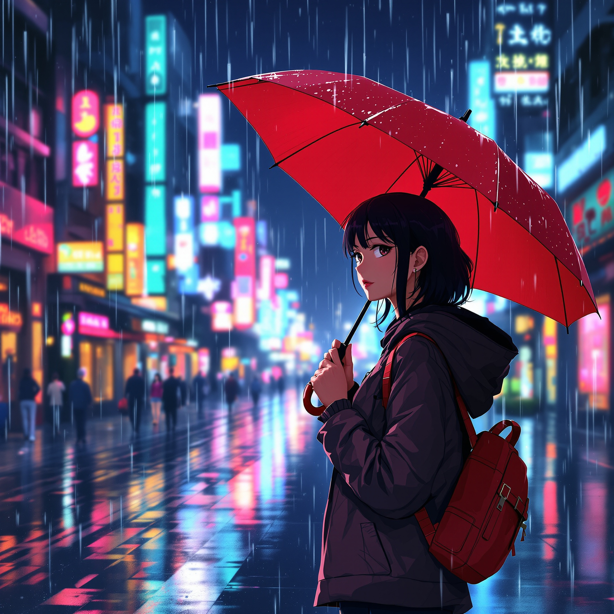 FLUX 1.1 Pro Ultra: Anime-style illustration of a young woman with a red umbrella standing on a rainy city street at night, cel shading, vibrant neon reflections