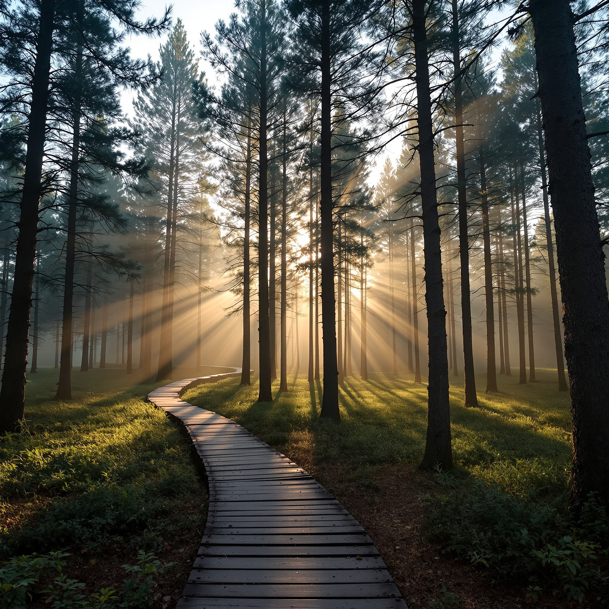 FLUX 1.1 Pro Ultra: Misty pine forest at dawn with rays of light through the trees and a narrow wooden boardwalk, wide angle