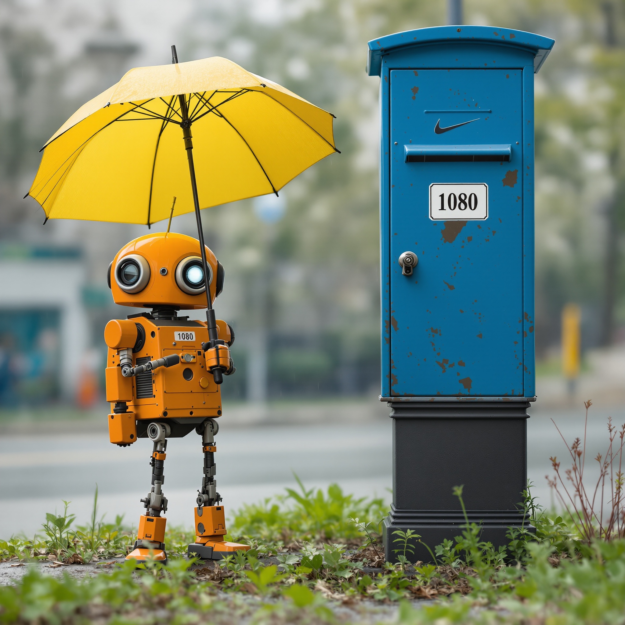 FLUX 1.1 Pro Ultra: A small orange robot holding a yellow umbrella standing to the left of a tall blue mailbox, overcast day, photoreal
