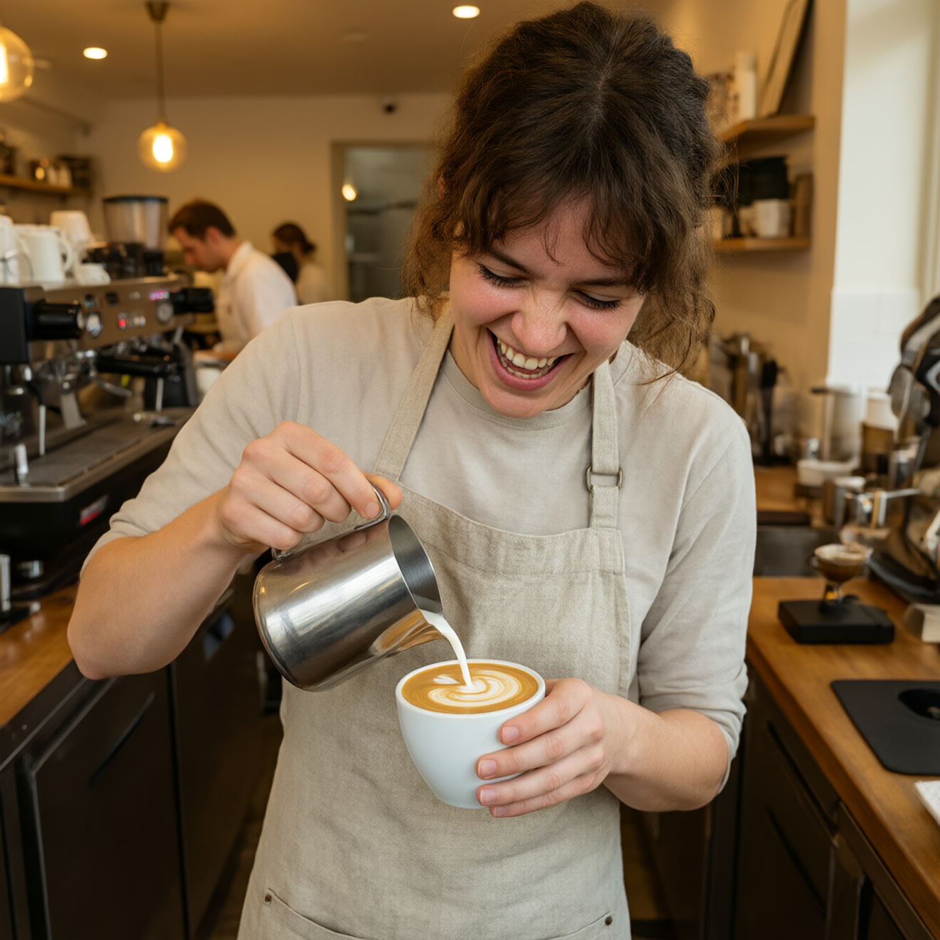 Qwen Image 3.0: A barista in a linen apron laughing while pouring latte art, warm cafe interior, shallow depth of field, candid editorial style