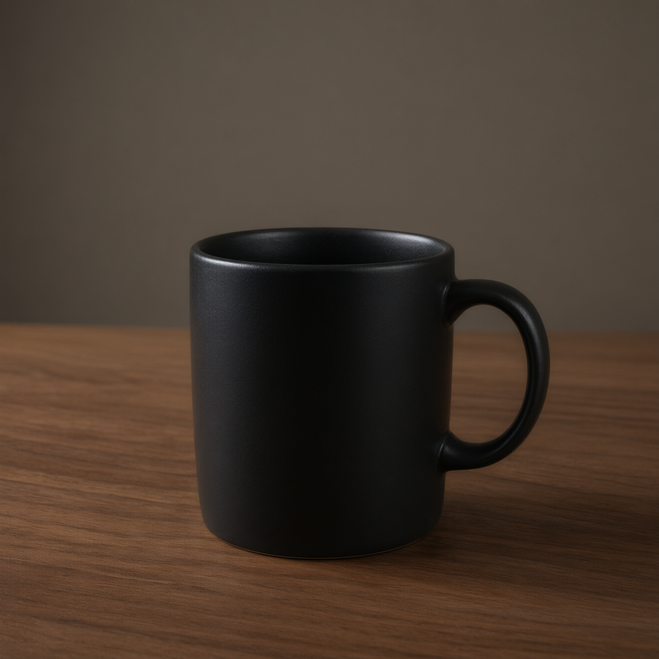 Qwen Image 3.0: A matte black ceramic coffee mug on a walnut table, single soft light from the left, minimal studio backdrop, product photography