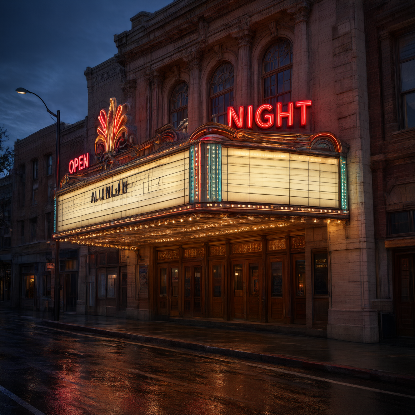 Qwen Image 3.0: A vintage cinema marquee at dusk with the words OPEN ALL NIGHT in bold red letters, neon glow, wet street reflections