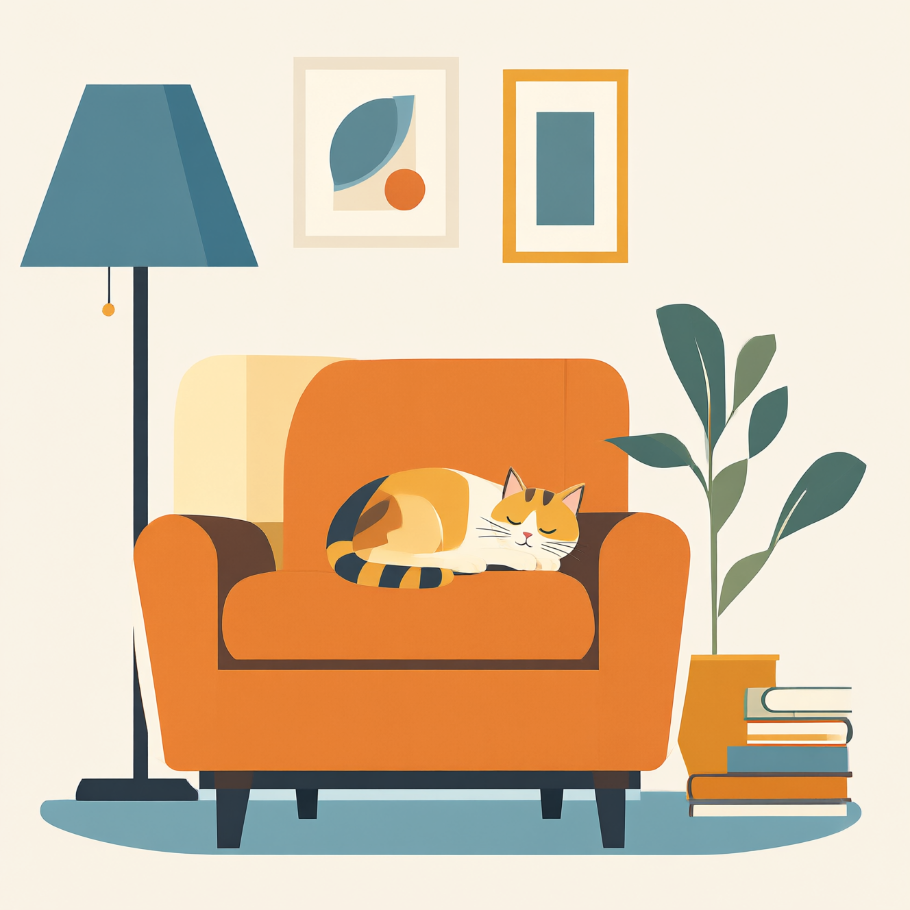 Qwen Image 3.0: Flat vector illustration of a cosy reading nook with a cat asleep on an armchair, limited palette of four colours, clean geometric shapes
