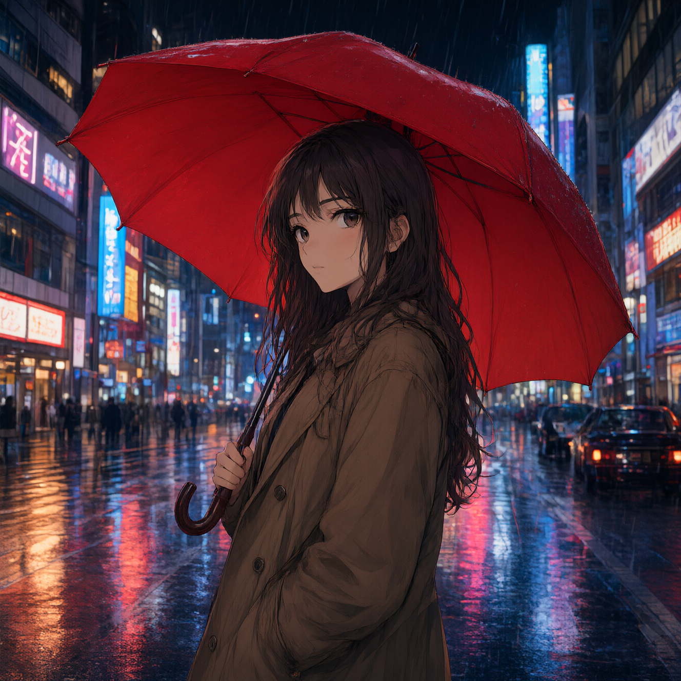 Qwen Image 3.0: Anime-style illustration of a young woman with a red umbrella standing on a rainy city street at night, cel shading, vibrant neon reflections