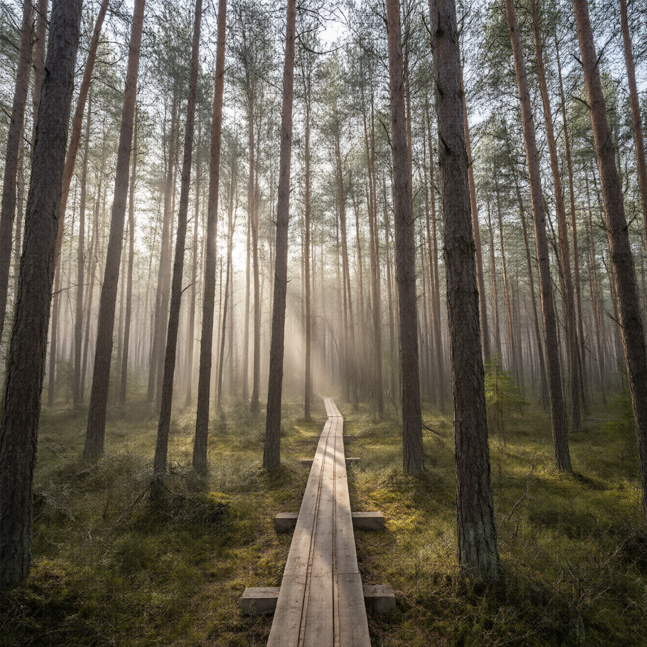 Qwen Image 3.0: Misty pine forest at dawn with rays of light through the trees and a narrow wooden boardwalk, wide angle