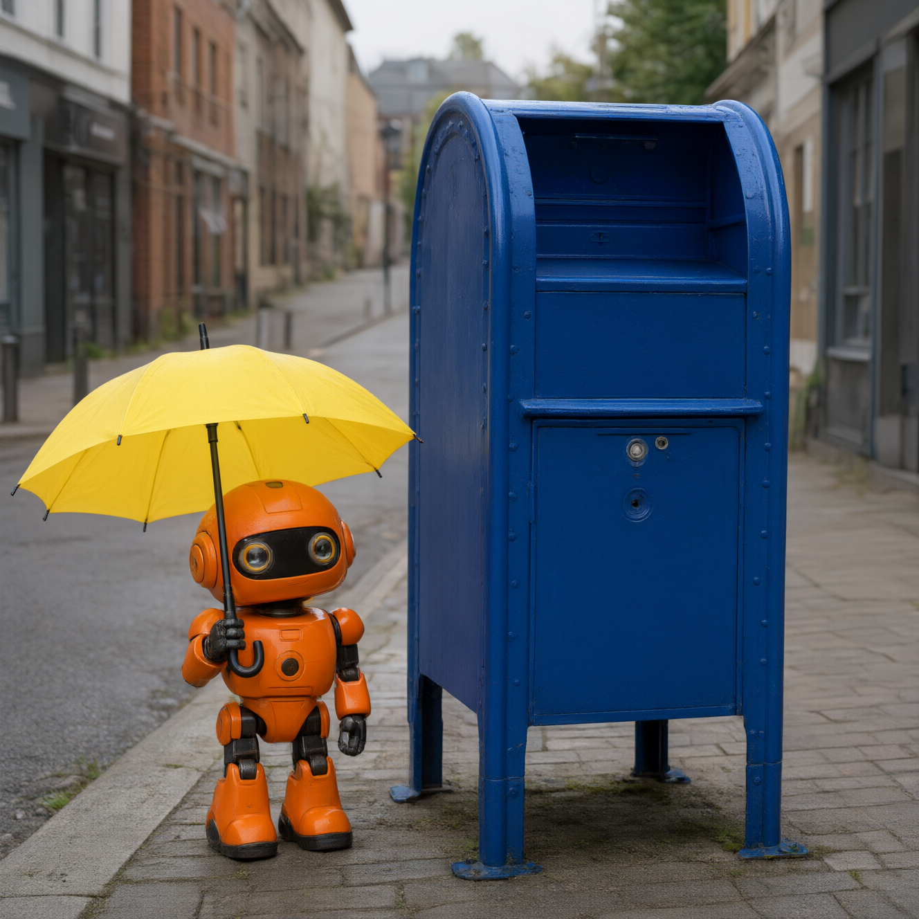 Qwen Image 3.0: A small orange robot holding a yellow umbrella standing to the left of a tall blue mailbox, overcast day, photoreal
