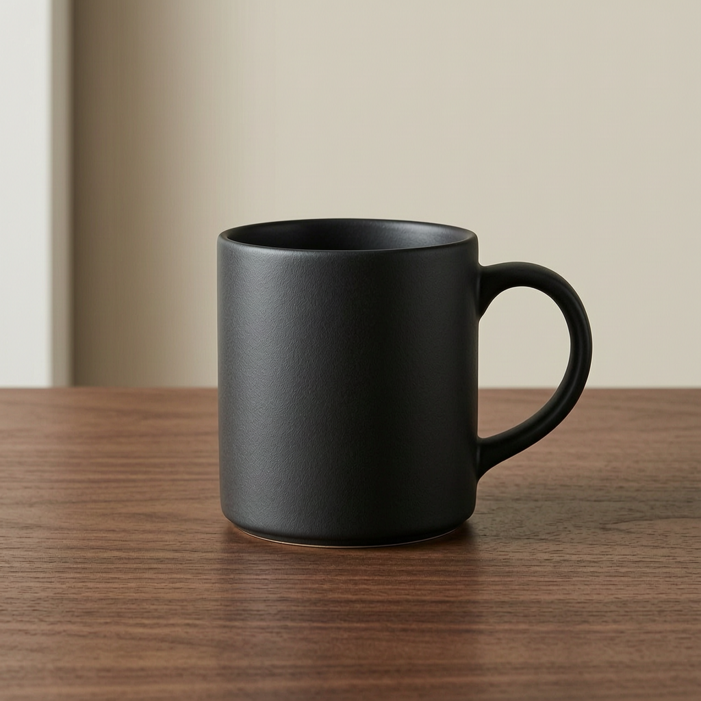 WAN 2.7: A matte black ceramic coffee mug on a walnut table, single soft light from the left, minimal studio backdrop, product photography