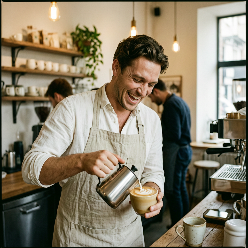 WAN 2.7: A barista in a linen apron laughing while pouring latte art, warm cafe interior, shallow depth of field, candid editorial style