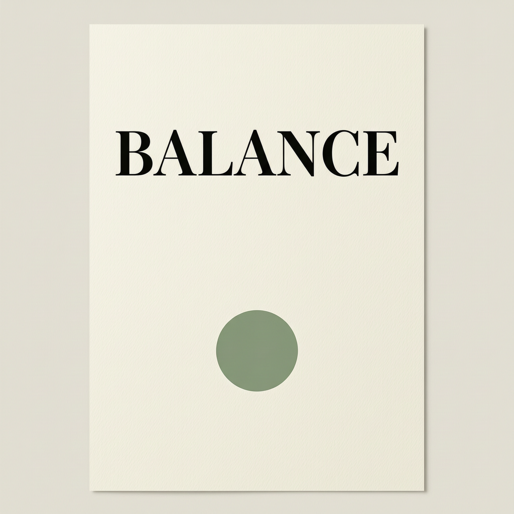 WAN 2.7: A minimalist poster with the single word BALANCE in large serif type centred on cream paper, one small green circle below the word