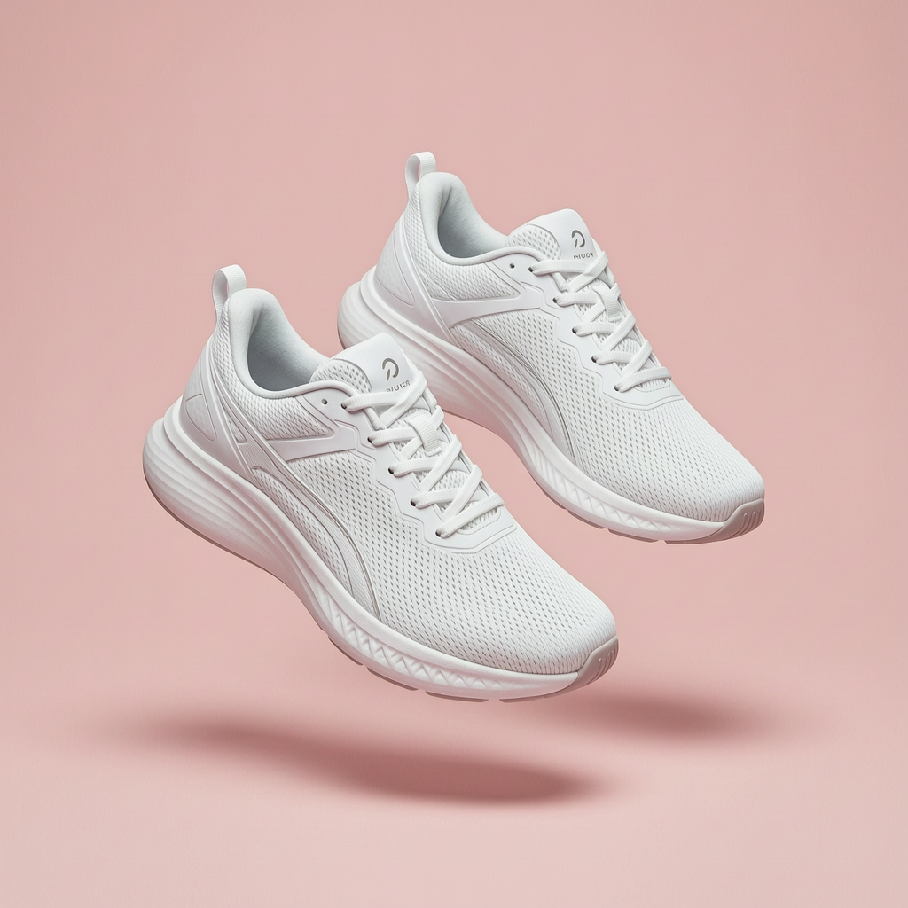 WAN 2.7: A pair of white running shoes floating mid-air over a pastel pink background, even studio lighting, catalogue shot