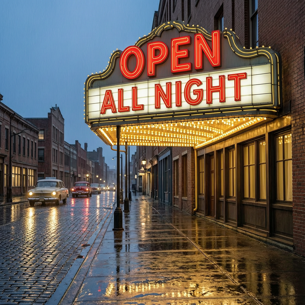 WAN 2.7: A vintage cinema marquee at dusk with the words OPEN ALL NIGHT in bold red letters, neon glow, wet street reflections