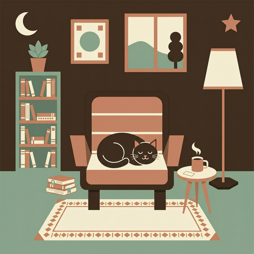 WAN 2.7: Flat vector illustration of a cosy reading nook with a cat asleep on an armchair, limited palette of four colours, clean geometric shapes