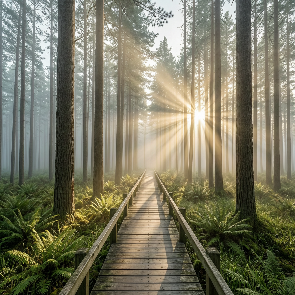 WAN 2.7: Misty pine forest at dawn with rays of light through the trees and a narrow wooden boardwalk, wide angle