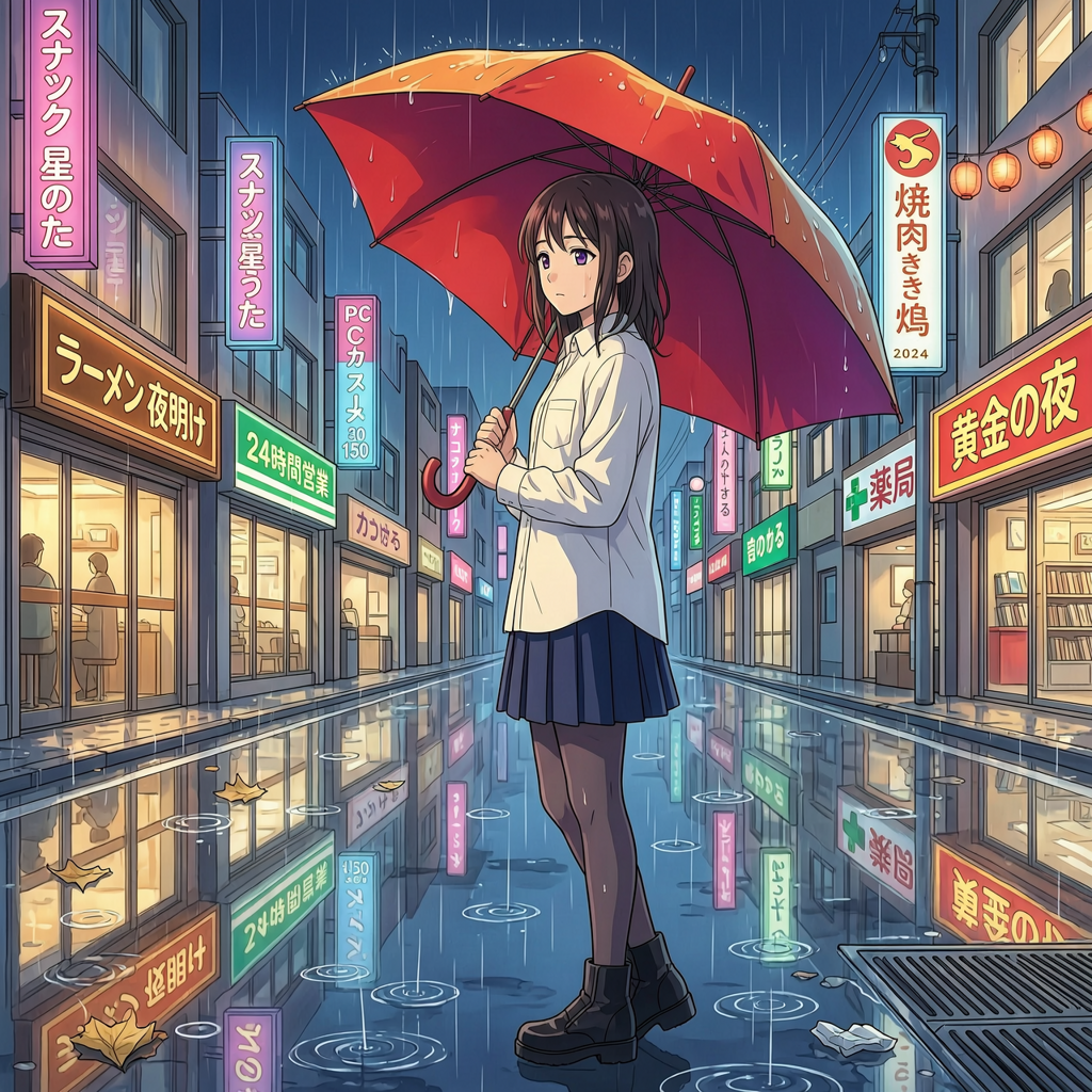 WAN 2.7: Anime-style illustration of a young woman with a red umbrella standing on a rainy city street at night, cel shading, vibrant neon reflections