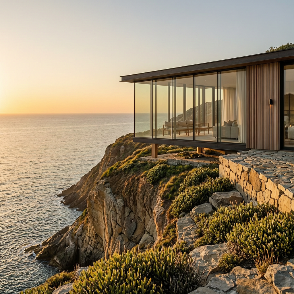 WAN 2.7: A modern glass house on a cliff at golden hour, long shadows, calm ocean below, architectural photography