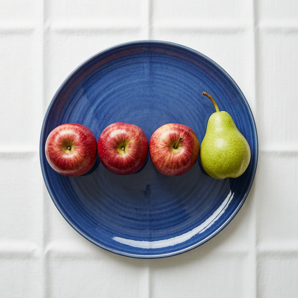 WAN 2.7: Three red apples and one green pear arranged in a single row on a blue plate, top-down view, white tablecloth