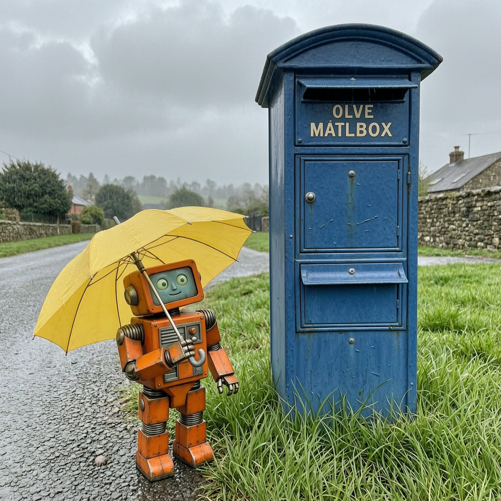 WAN 2.7: A small orange robot holding a yellow umbrella standing to the left of a tall blue mailbox, overcast day, photoreal