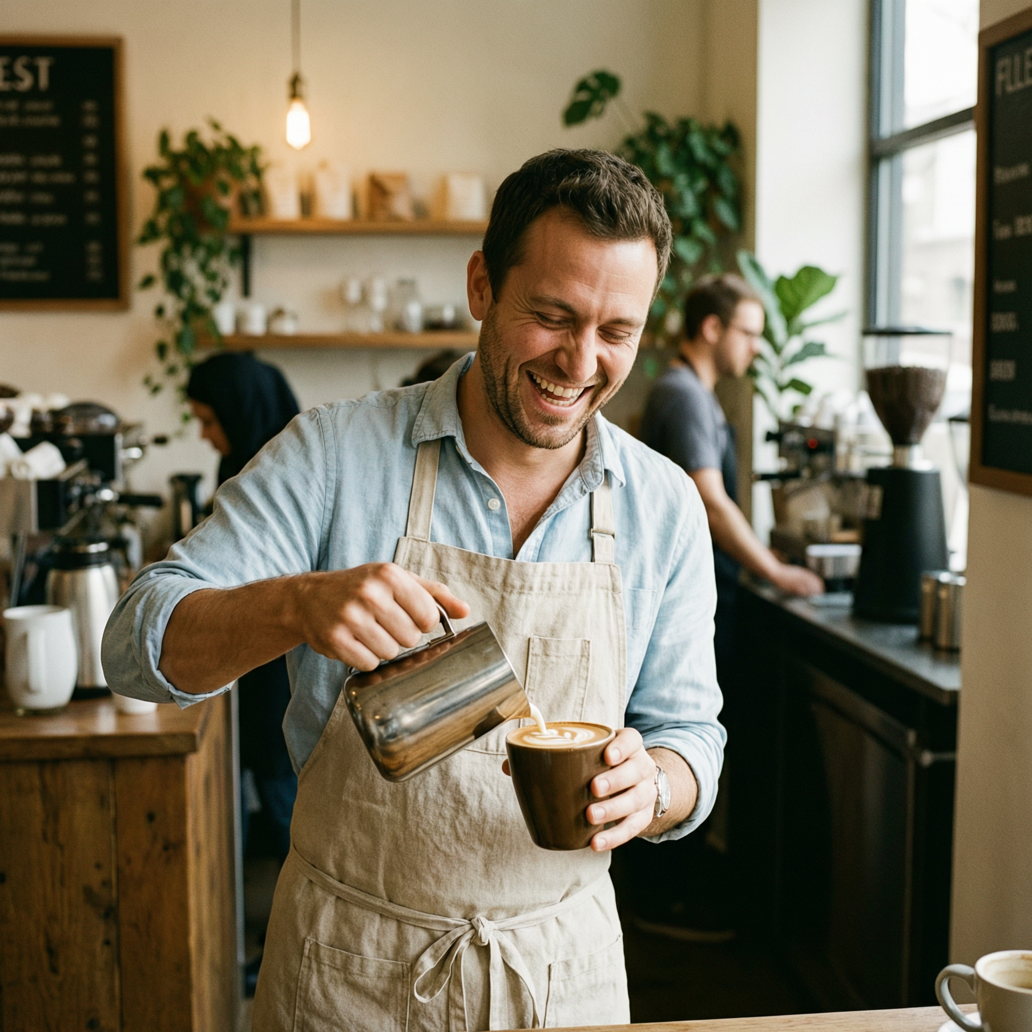 WAN 2.7 Pro: A barista in a linen apron laughing while pouring latte art, warm cafe interior, shallow depth of field, candid editorial style