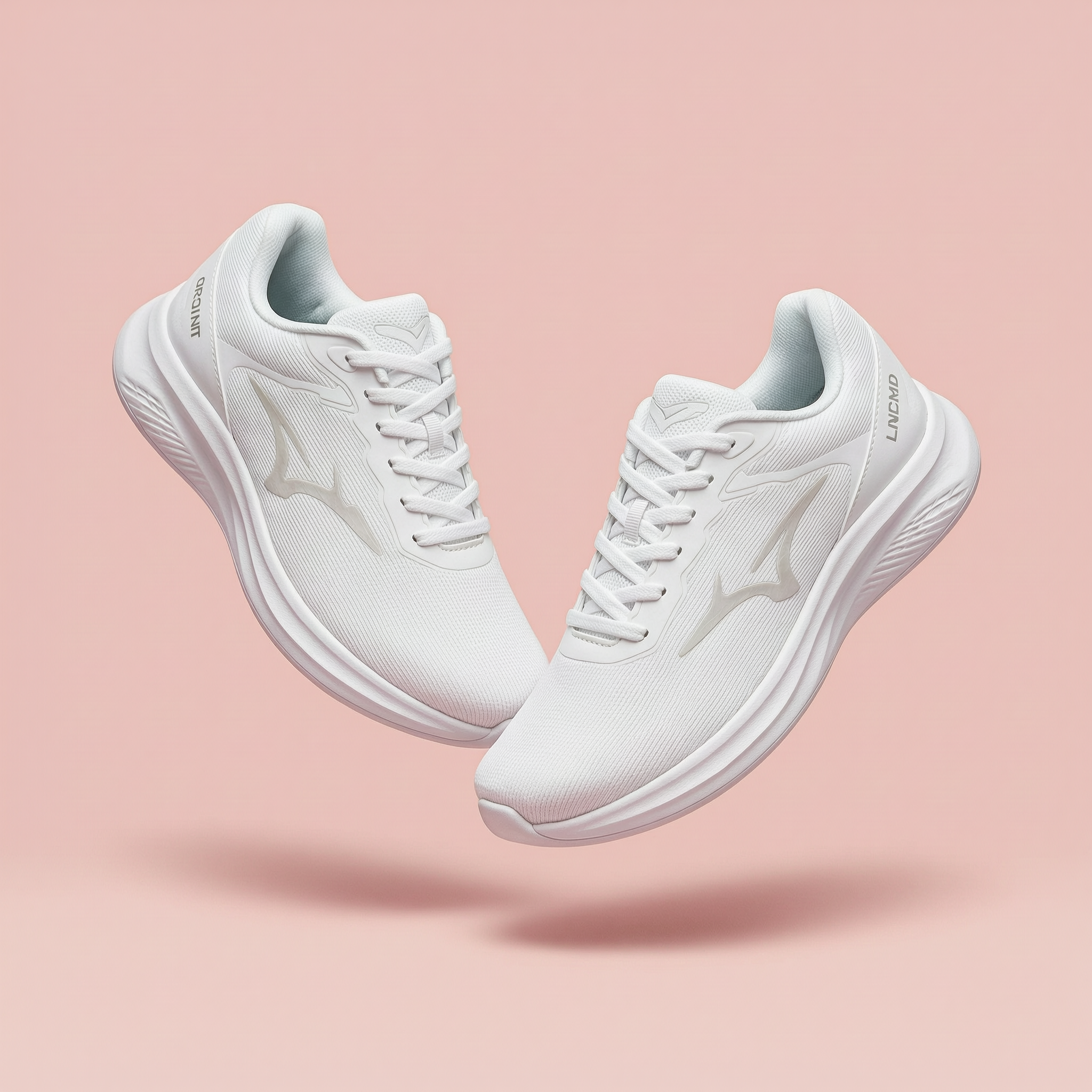 WAN 2.7 Pro: A pair of white running shoes floating mid-air over a pastel pink background, even studio lighting, catalogue shot